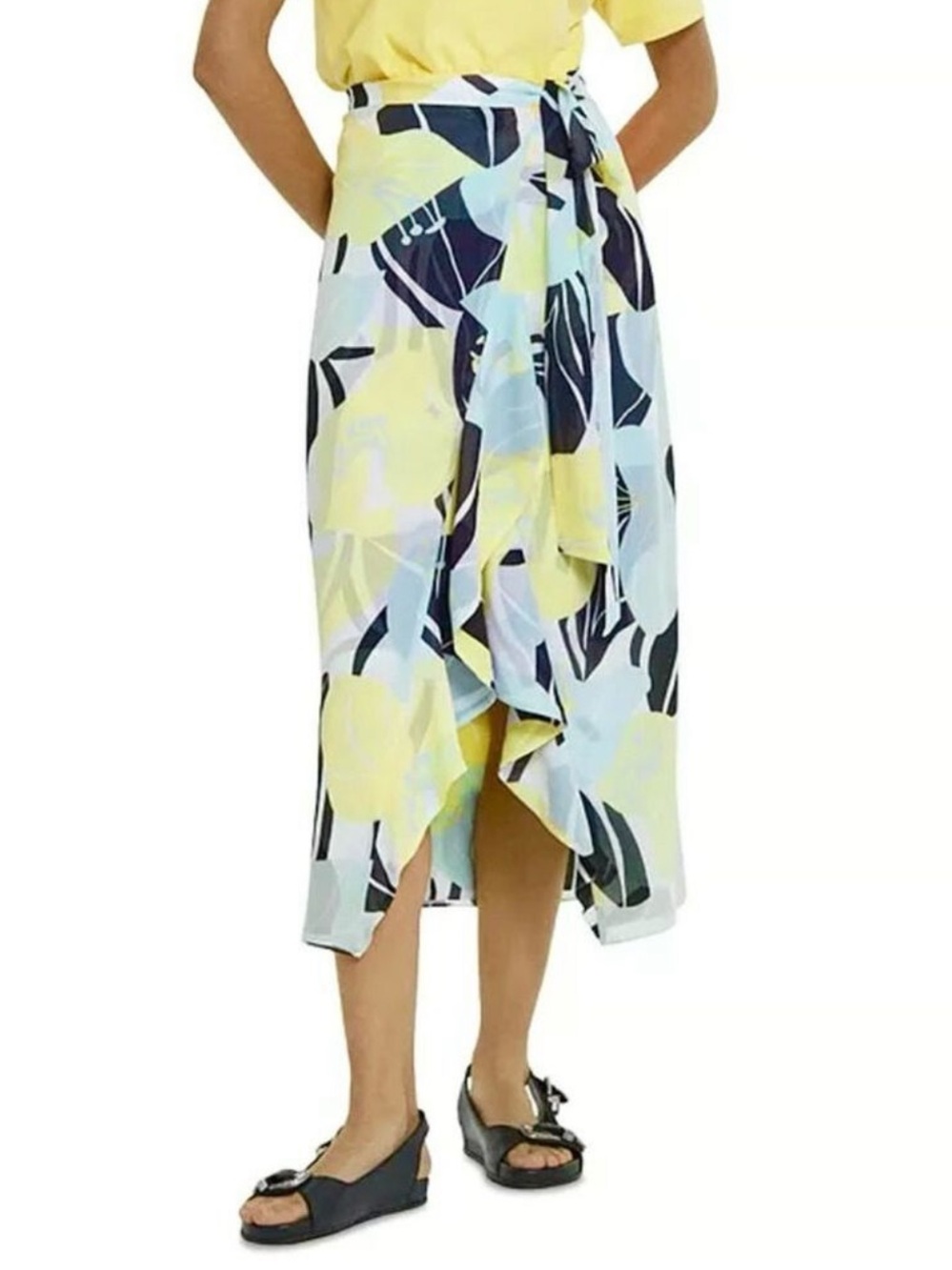 NWT Maje Paris black yellow white hibiscus print chiffon high low wrap skirt 38